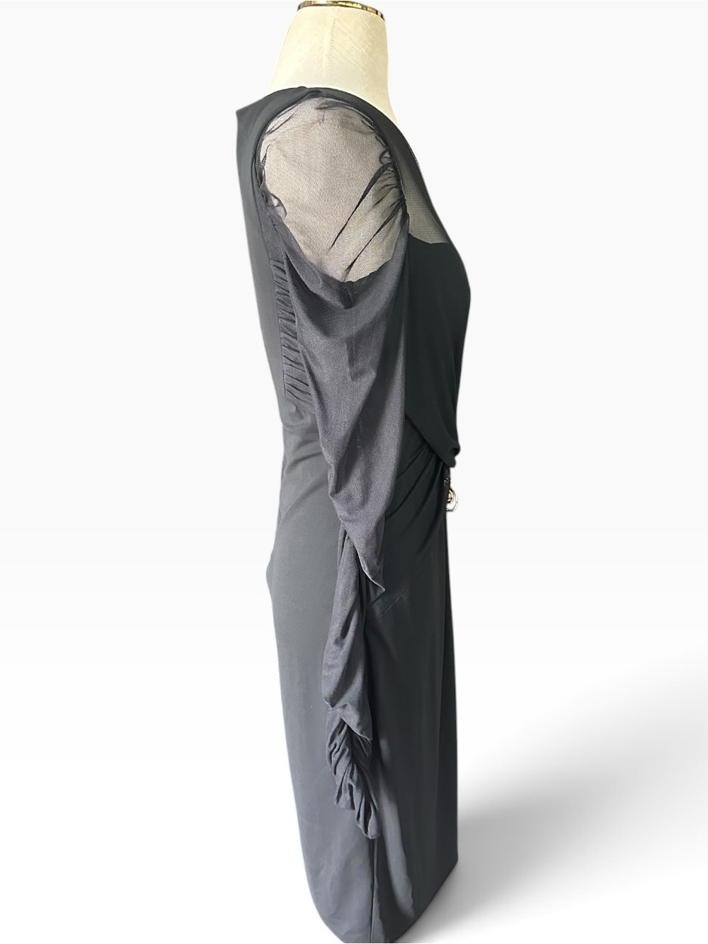 Versace Black Sheer Mesh Medusa Crystal Zip Draped Midi Dress IT 44/US 8 - Picture 10 of 13